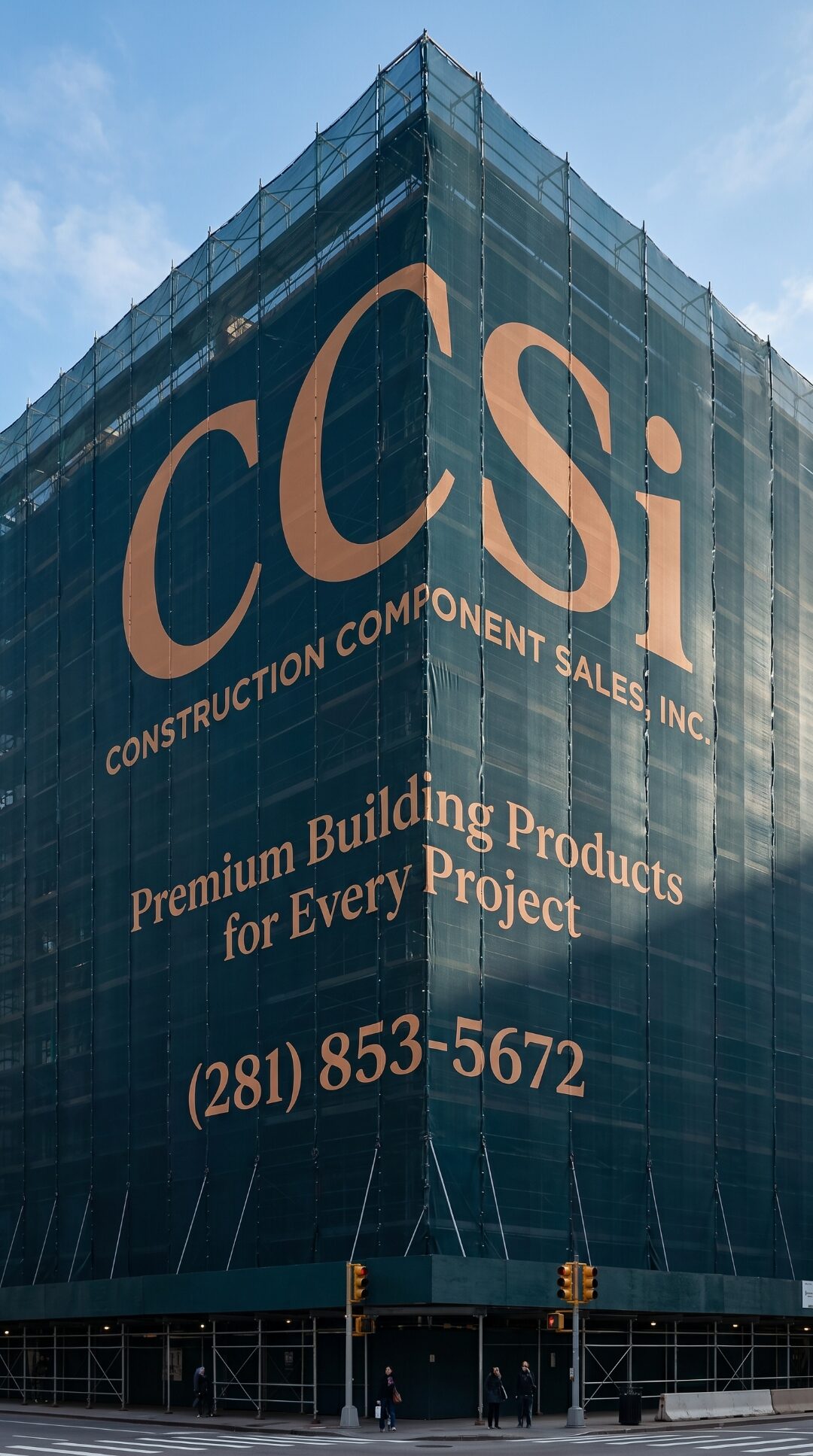 Full-building printed mesh wrap covering a multi-story building under construction