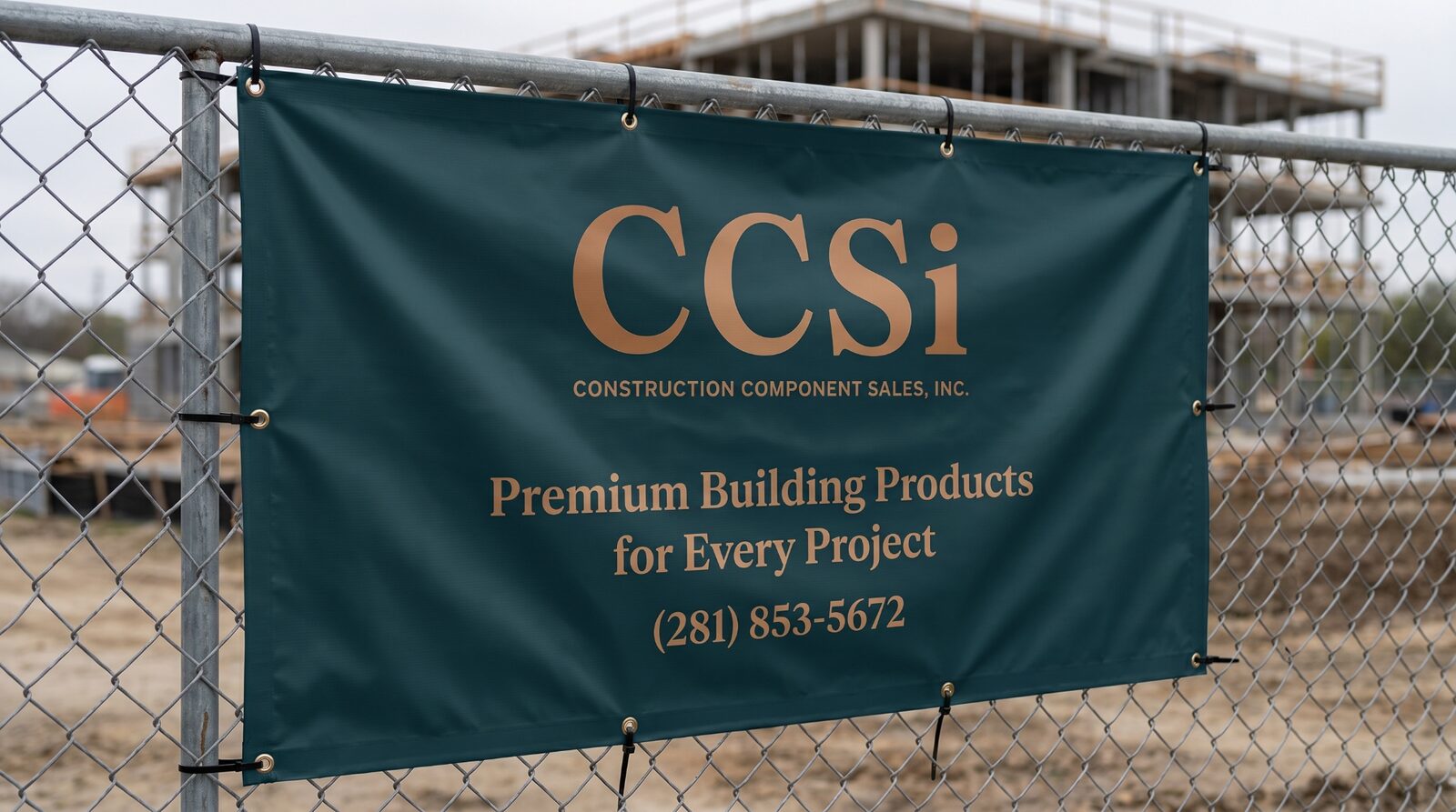 Single custom logo banner mounted on a chain-link fence at a residential construction site