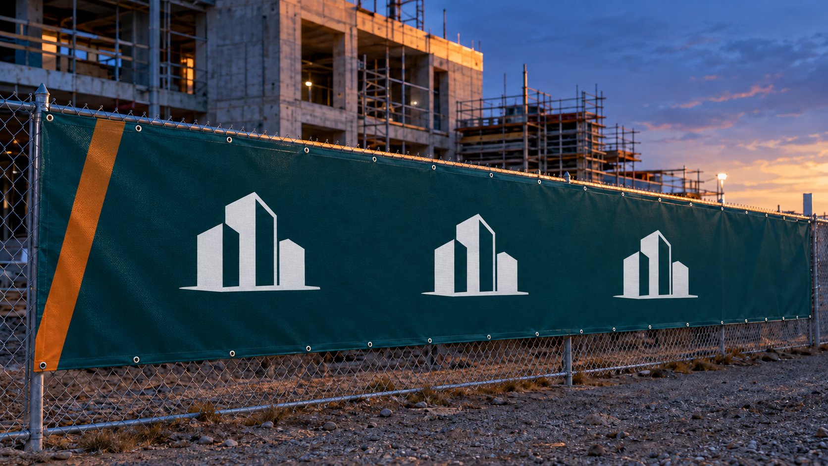 Custom deep-teal mesh construction banner on a chain-link perimeter fence at dusk
